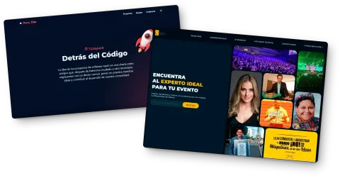 Vista de dos interfaces de sitios web con diseño moderno y oscuro. La primera pantalla muestra el título "Detrás del Código" con un cohete y fondo oscuro, explicando el origen de un proyecto de software comunitario. La segunda pantalla presenta una plataforma para encontrar ponentes, con un diseño atractivo, fotos de expertos y un botón prominente de búsqueda.