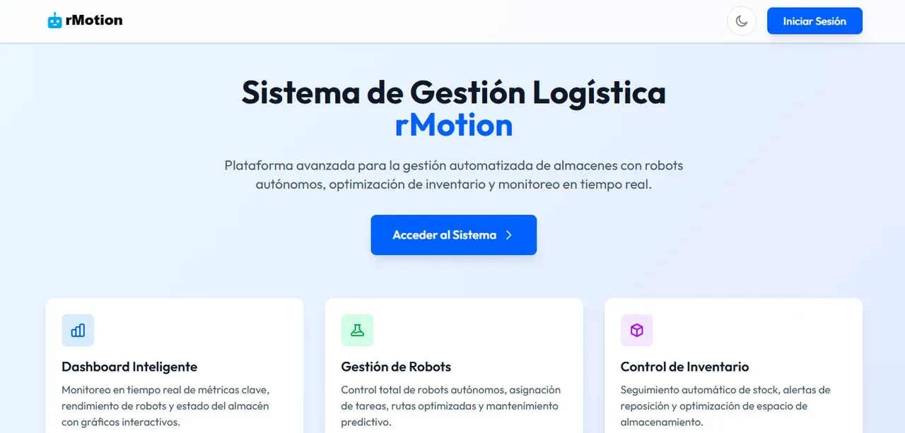 Banner de rMotion-Front mostrando interfaz de monitoreo de robots industriales en dashboard moderno.