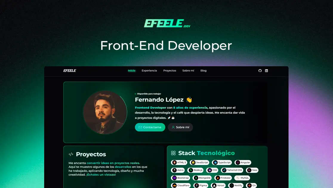 Template de desarrollo web moderno y minimalista con diseño oscuro y acentos verdes. Ideal para portfolios, dashboards y páginas de tecnología.
